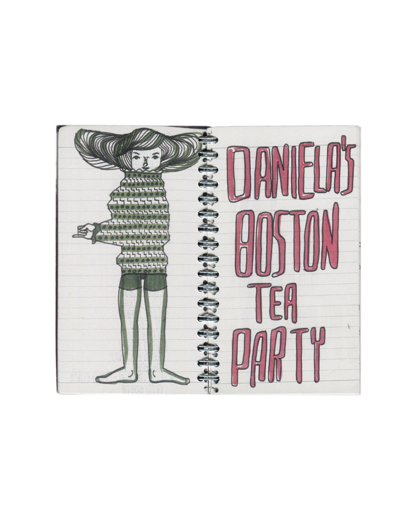 Interior spread, Rafael Melendez, Peel You: A 2006 Facsimile Sketchbook, The Academy of Realness, 2021. Lined notebook pages. Left: large outlined block lettering in pencil — 'I'M DOING YOU A FAVOR'. Right: pencil drawing of a female figure with elaborate layered headdress or hair structure; text written in curved bands throughout the form — 'YOU HAVE NOTHING ON ME', 'THIS IS WHAT I ALWAYS WANTED', 'CURE MY DRAMA'; additional text partially legible in outer bands.