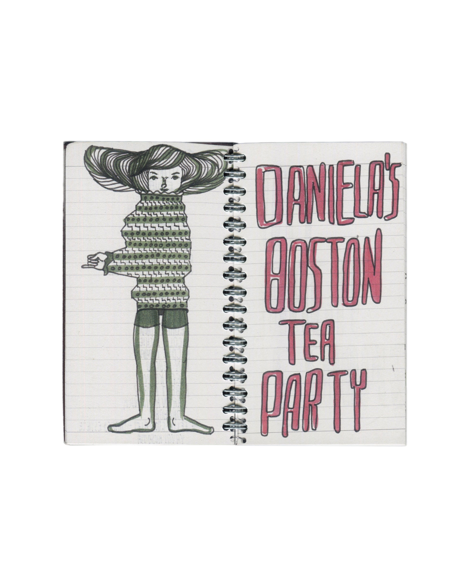 Interior spread, Rafael Melendez, Peel You: A 2006 Facsimile Sketchbook, The Academy of Realness, 2021. Lined notebook pages. Left: large outlined block lettering in pencil — 'I'M DOING YOU A FAVOR'. Right: pencil drawing of a female figure with elaborate layered headdress or hair structure; text written in curved bands throughout the form — 'YOU HAVE NOTHING ON ME', 'THIS IS WHAT I ALWAYS WANTED', 'CURE MY DRAMA'; additional text partially legible in outer bands.