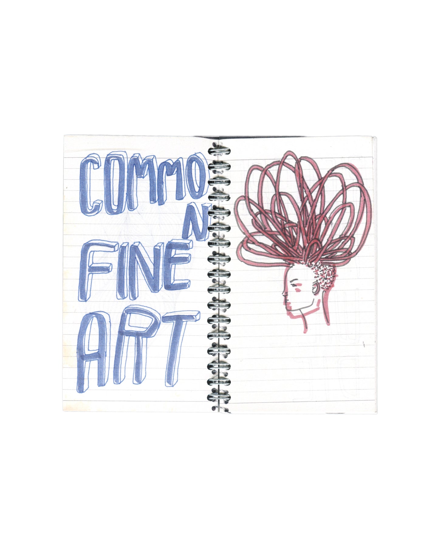 Interior spread, Rafael Melendez, Keep Your Distance: A 2006 Facsimile Sketchbook, The Academy of Realness, 2021. Lined notebook pages. Left: large hand-lettered text in blue marker — 'COMMON FINE ART'; rounded outlined letterforms. Right: ink drawing of a head in profile — elaborate radiating hair structure in dark red/mauve, looping outward from crown; face in profile, calm expression. Silver spiral binding centre.

