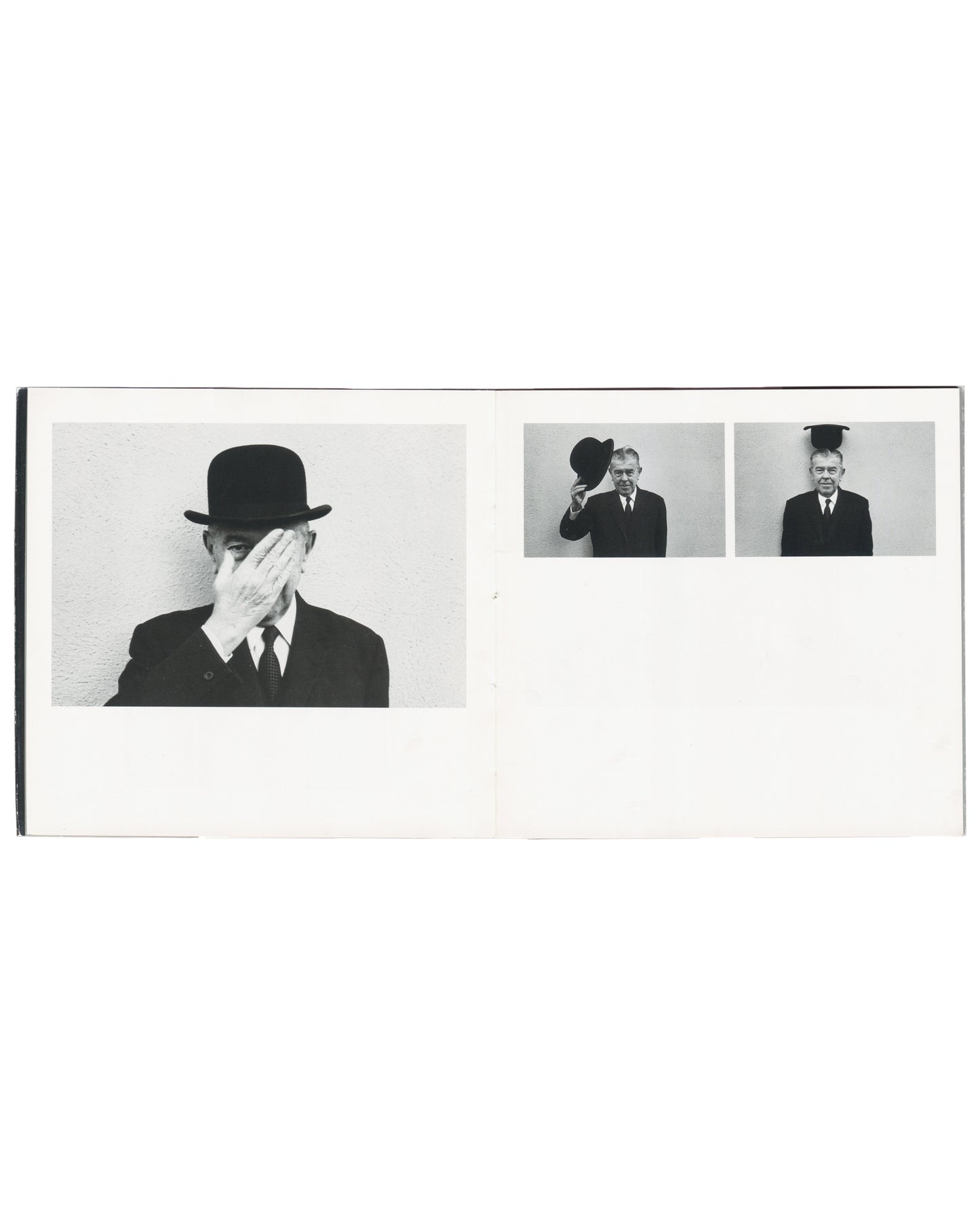 Duane Michals, A Visit with Magritte, Matrix Publications 1981, blue plaster head left, Magritte asleep on sofa right, interior 