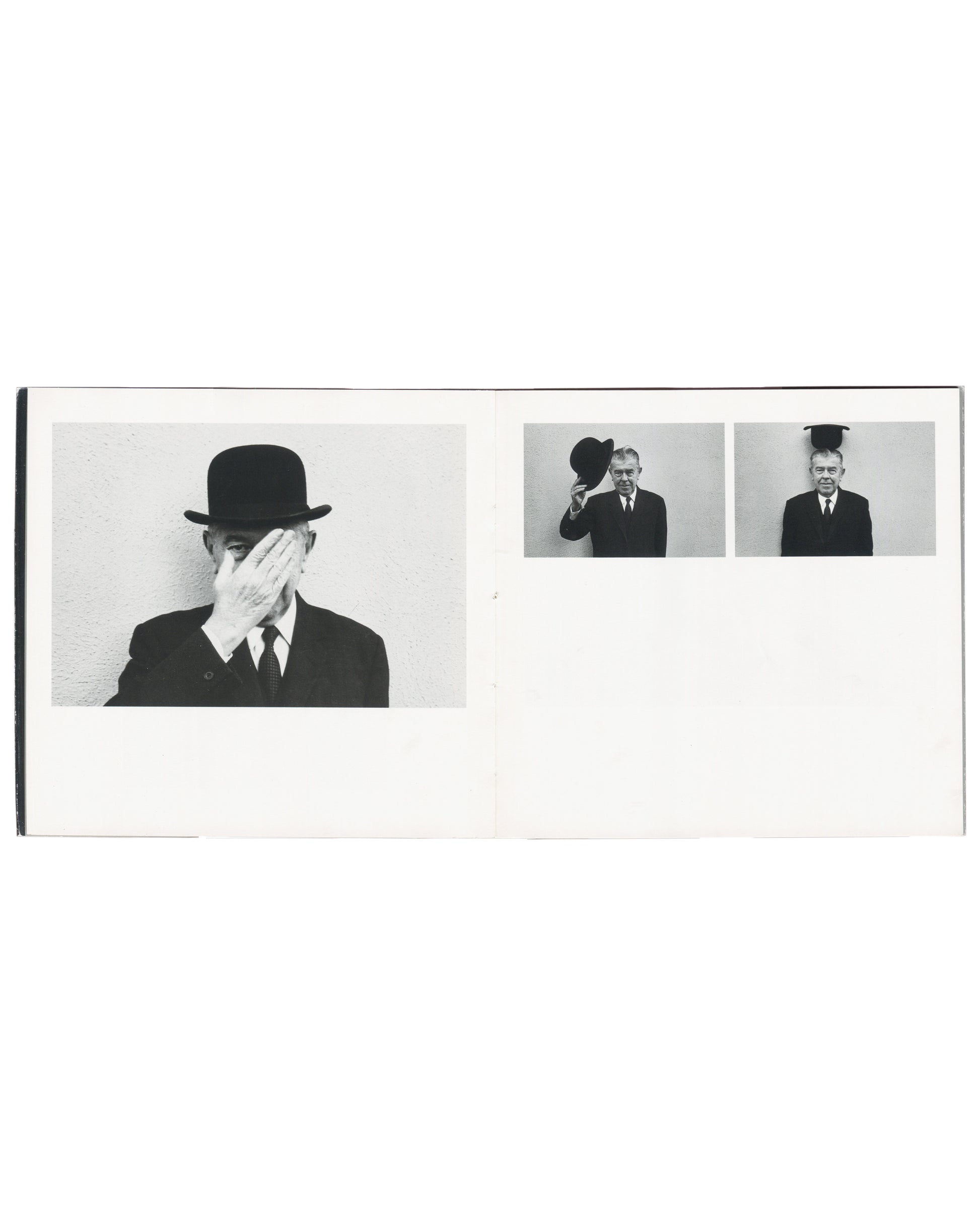 Duane Michals, A Visit with Magritte, Matrix Publications 1981, blue plaster head left, Magritte asleep on sofa right, interior 