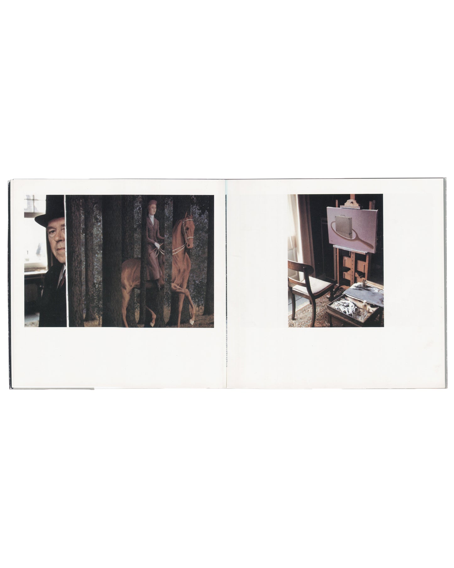 Duane Michals, A Visit with Magritte, Matrix Publications 1981, Magritte beside trees and equestrian painting, studio easel right