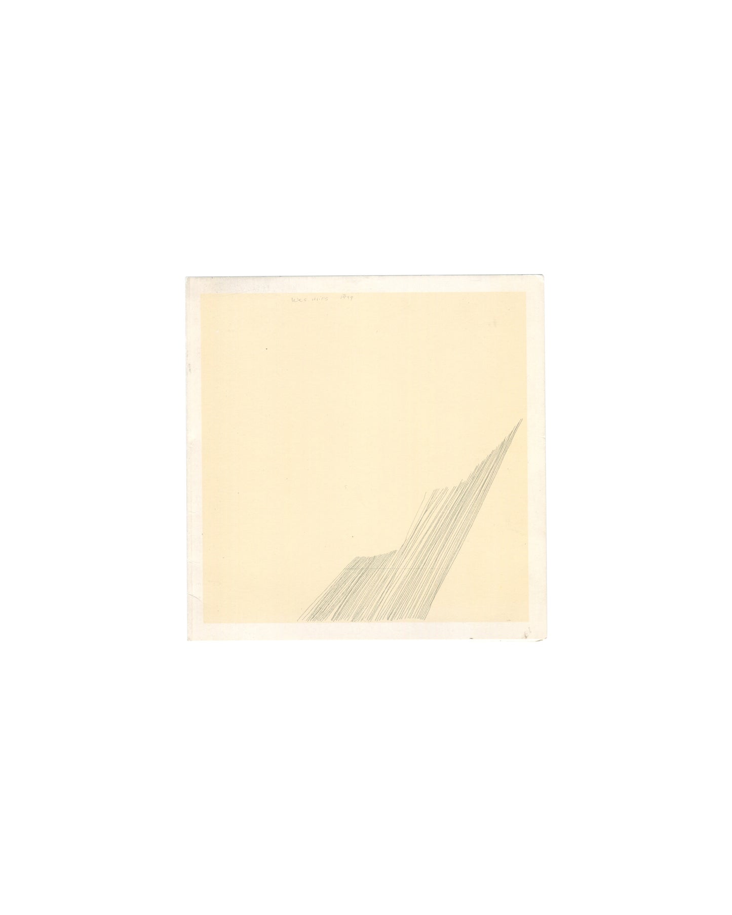 Front cover Original 2000 Joseph Helman Gallery exhibition invitation for Wes Mills, Missoula Drawings, New York, front cover, reproducing Duchamp, 1999, graphite on paper, 7⅞ × 7⅞ inches: a near-empty cream field with a single diagonal passage of dense graphite hatching entering from the lower right corner, no text visible on the front.