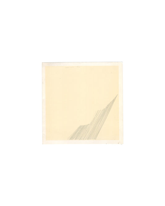 Front cover Original 2000 Joseph Helman Gallery exhibition invitation for Wes Mills, Missoula Drawings, New York, front cover, reproducing Duchamp, 1999, graphite on paper, 7⅞ × 7⅞ inches: a near-empty cream field with a single diagonal passage of dense graphite hatching entering from the lower right corner, no text visible on the front.