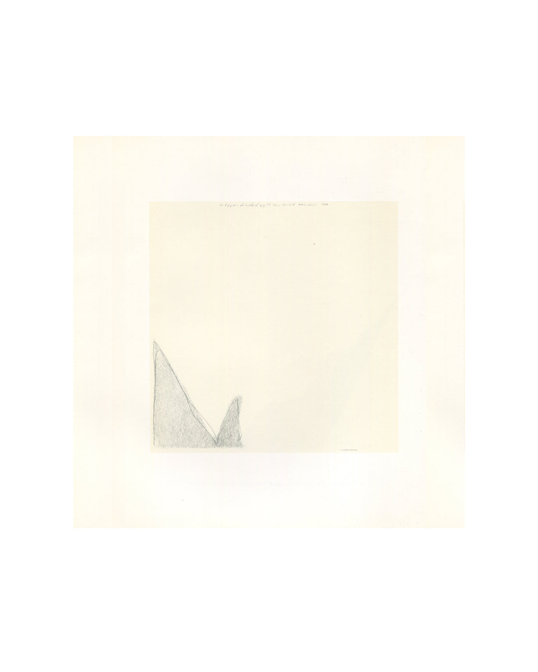 Wes Mills — Missoula Drawings, Joseph Helman Gallery, New York, 2000 — interior plate. Cream paper. Lower left: two faint graphite geometric forms — a large right-angled triangle and a smaller adjacent peak — rendered in pale grey pencil against an almost entirely empty field. Minimal mark, large margin. Small printed caption text upper right, illegible at reproduction scale.