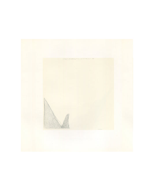 Wes Mills — Missoula Drawings, Joseph Helman Gallery, New York, 2000 — interior plate. Cream paper. Lower left: two faint graphite geometric forms — a large right-angled triangle and a smaller adjacent peak — rendered in pale grey pencil against an almost entirely empty field. Minimal mark, large margin. Small printed caption text upper right, illegible at reproduction scale.