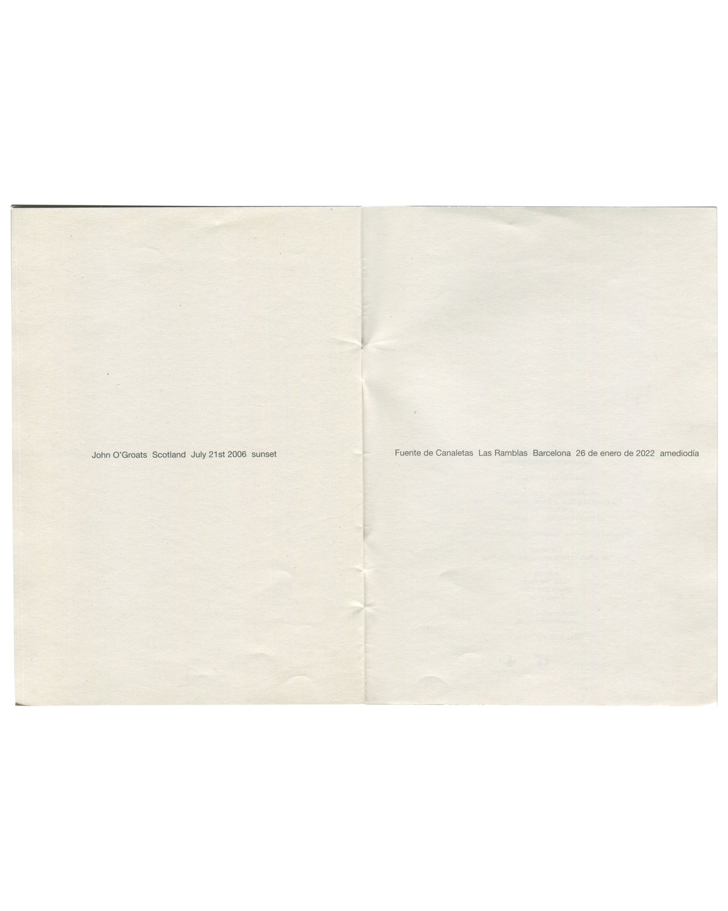 Interior spread: John O'Groats, Scotland, July 2006 sunset; Fuente de Canaletas, Barcelona, 2022