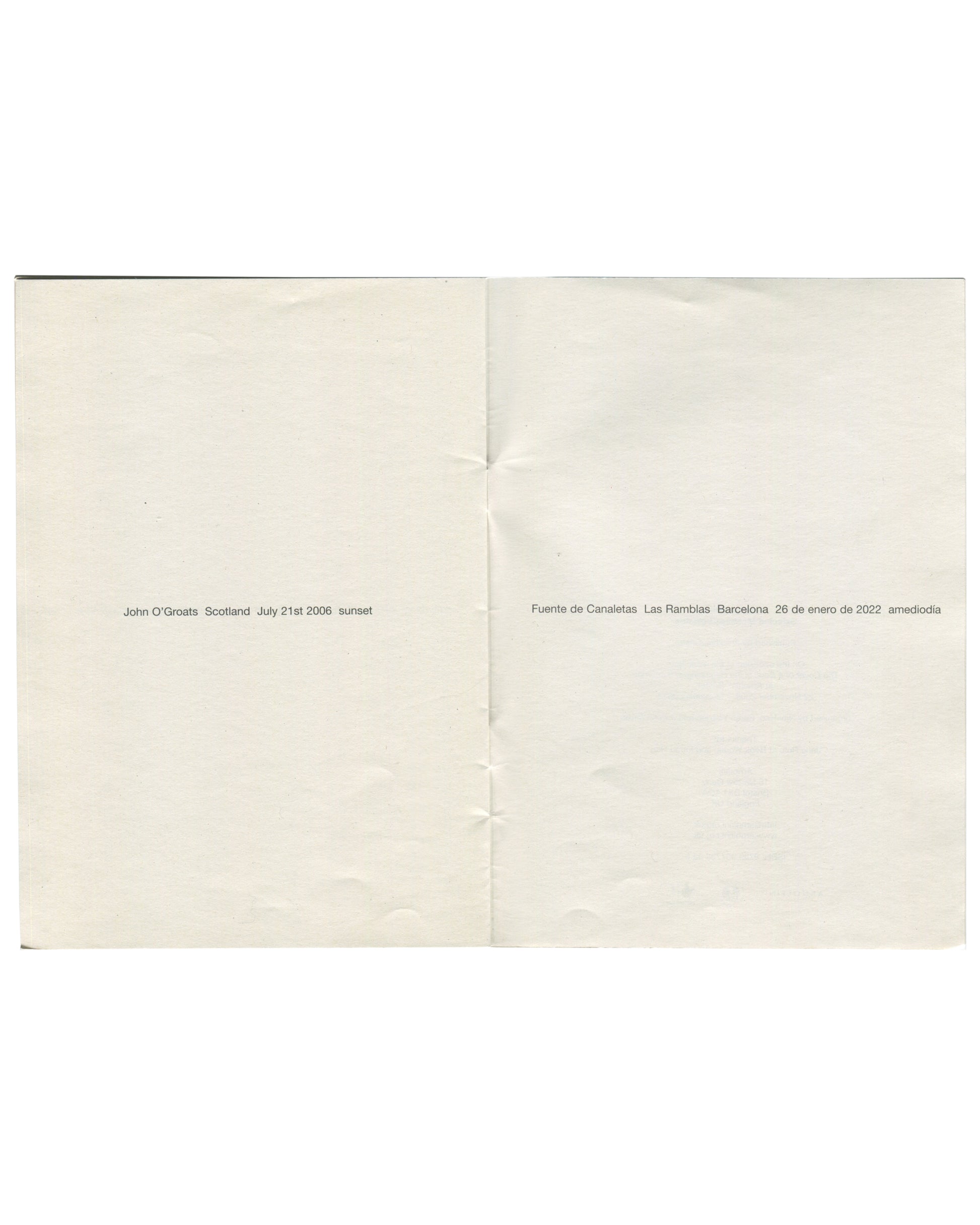 Interior spread: John O'Groats, Scotland, July 2006 sunset; Fuente de Canaletas, Barcelona, 2022