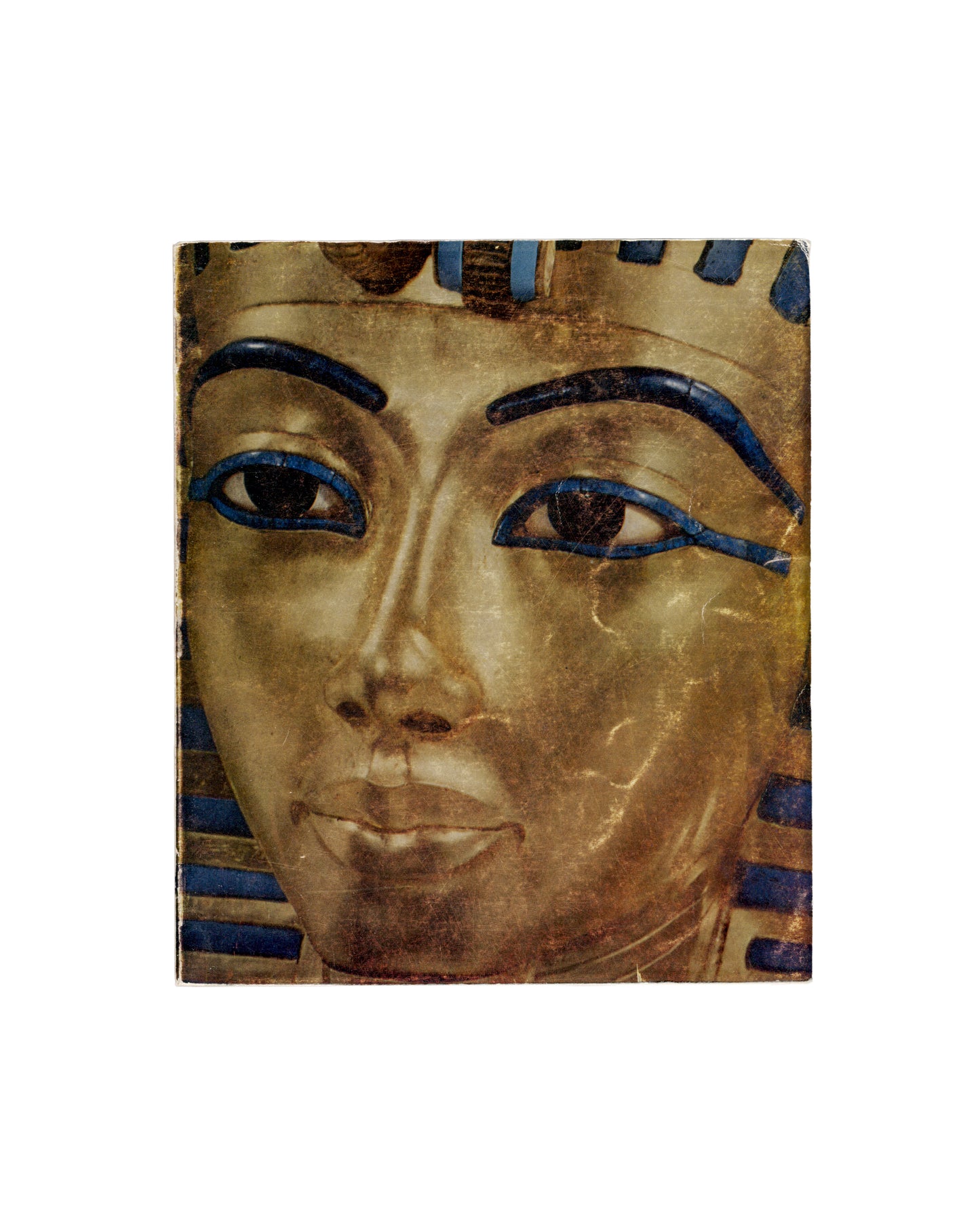 Toutankhamon et son temps, Petit Palais, Paris, 1967, laminated cover, close crop of Tutankhamun gold funerary mask, blue kohl eyes and nemes headdress
