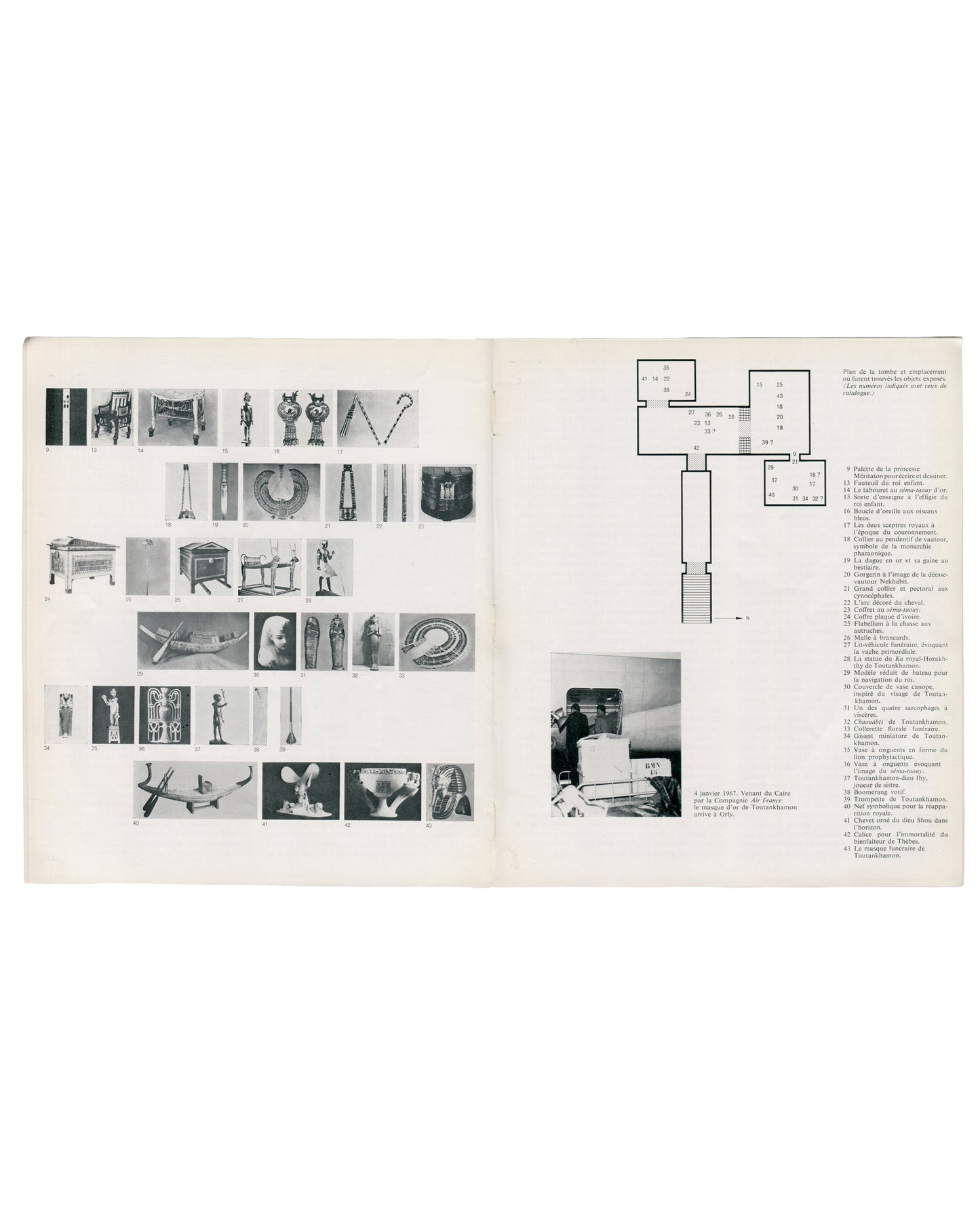 Toutankhamon et son temps, 1967, interior spread, exhibition checklist with object thumbnails, Petit Palais floor plan and Air France mask arrival photograph