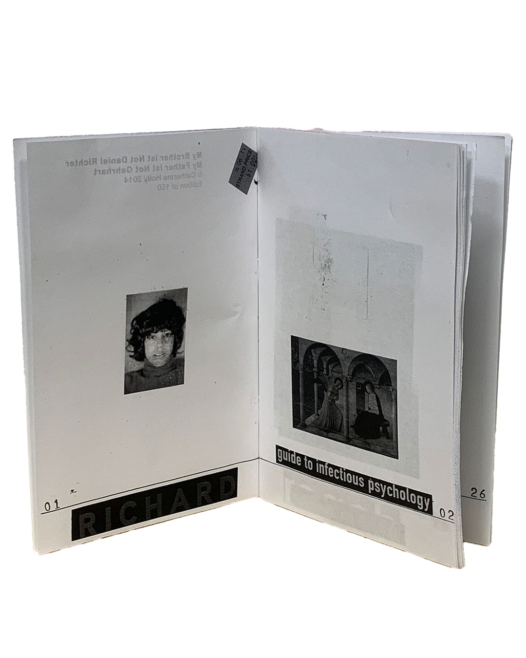 Interior opening spread; left page shows black-and-white portrait of young woman with 'RICHARD' caption; right page shows photocopied architectural interior with figures and 'guide to infectious psychology' caption; page numbers 01 and 02