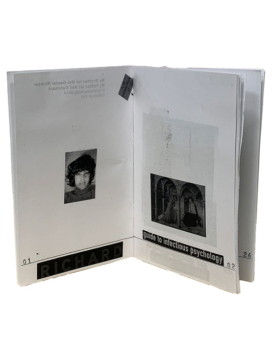 Interior opening spread; left page shows black-and-white portrait of young woman with 'RICHARD' caption; right page shows photocopied architectural interior with figures and 'guide to infectious psychology' caption; page numbers 01 and 02