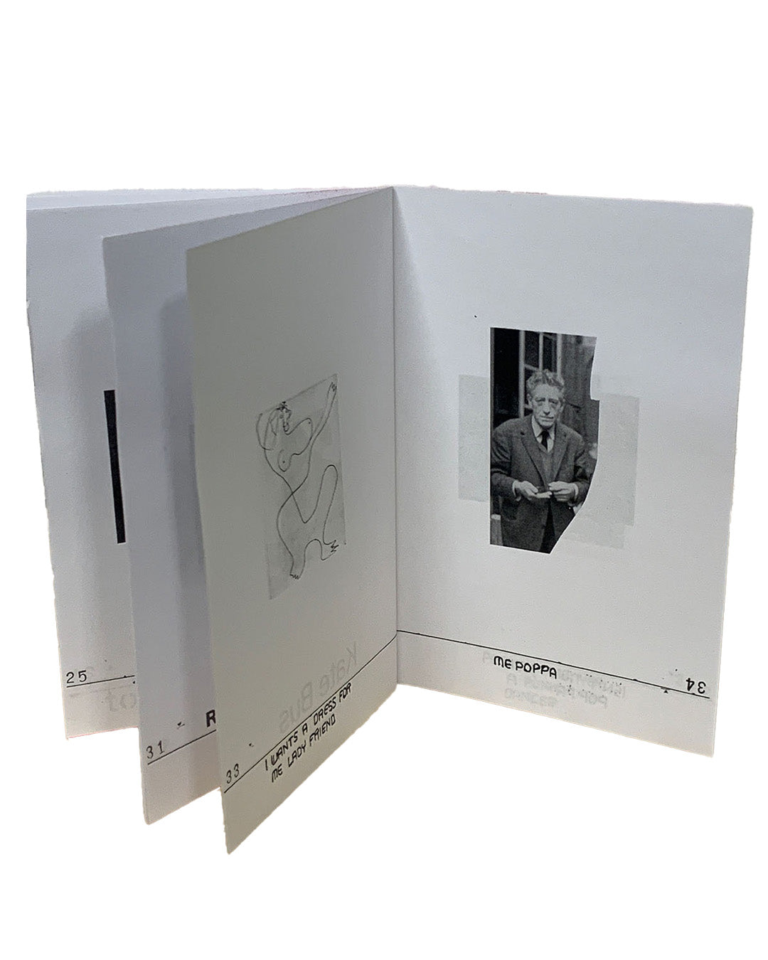 nterior spread; left page shows Picasso line drawing of dancing figure with caption 'I Wants a Dress for Me Lady Friend'; right page shows black-and-white portrait photograph of Jean Cocteau captioned 'Me Poppa'; page numbers 33 and 34