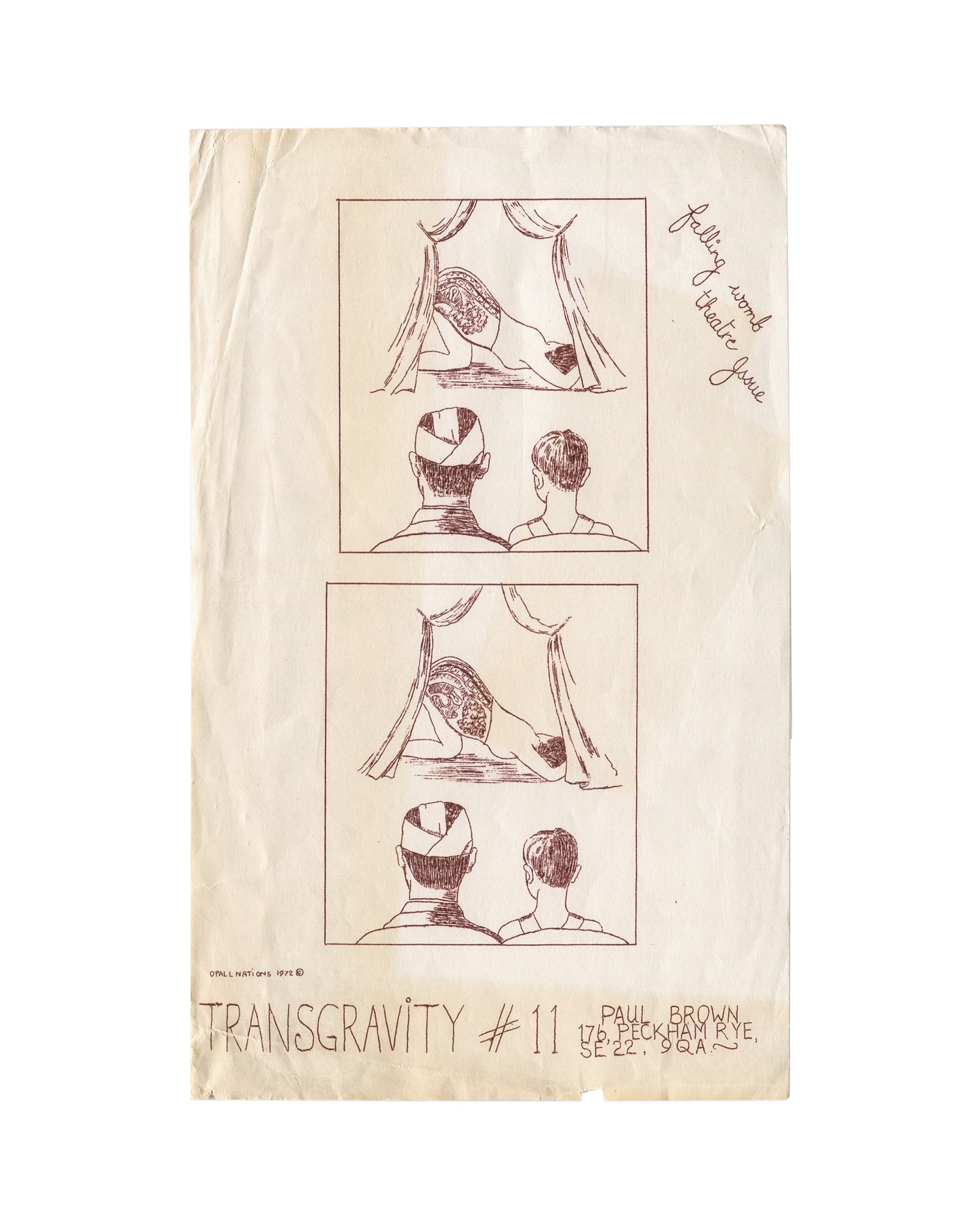 Original mini-poster/flyer, Opal L. Nations, Transgravity #11, Paul Brown Gallery / Transgravity Press, 176 Peckham Rye, London SE22, 1972. Single-colour red-brown print on thin cream paper, approx. 20 × 33 cm; likely stencil-duplicated or mimeograph-related. Two stacked panels: each showing a theatre scene — draped curtains, a reclining figure on stage, and two viewers seen from behind. Handwritten cursive inscription upper right: 'Lolling round theatre queue'. Lower left:  copyright mark 'O'ALL NATION