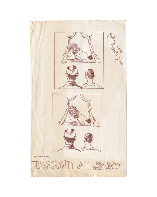 Original mini-poster/flyer, Opal L. Nations, Transgravity #11, Paul Brown Gallery / Transgravity Press, 176 Peckham Rye, London SE22, 1972. Single-colour red-brown print on thin cream paper, approx. 20 × 33 cm; likely stencil-duplicated or mimeograph-related. Two stacked panels: each showing a theatre scene — draped curtains, a reclining figure on stage, and two viewers seen from behind. Handwritten cursive inscription upper right: 'Lolling round theatre queue'. Lower left:  copyright mark 'O'ALL NATION