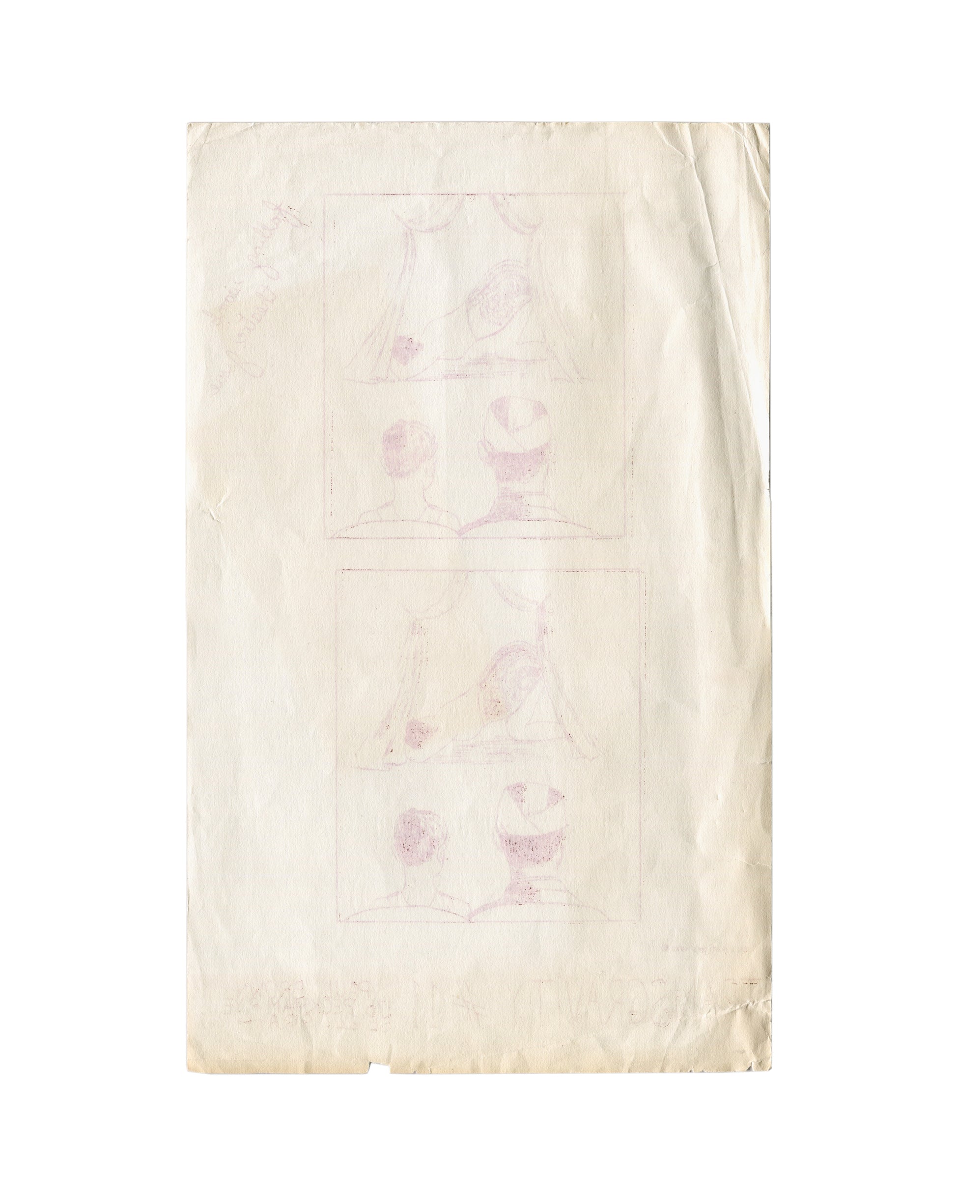 Reverse of Opal L. Nations, Transgravity #11, Paul Brown Gallery / Transgravity Press, London, 1972. Single-colour print on thin cream paper, approx. 20 × 33 cm. Pale ghost impression of the recto image visible through the sheet — two stacked panels showing theatre scene with curtains, stage figure, and two viewers seen from behind. Cream paper with age toning, surface marks, creasing, and edge wear throughout. Evidence of the sheet's production method and handling history.
