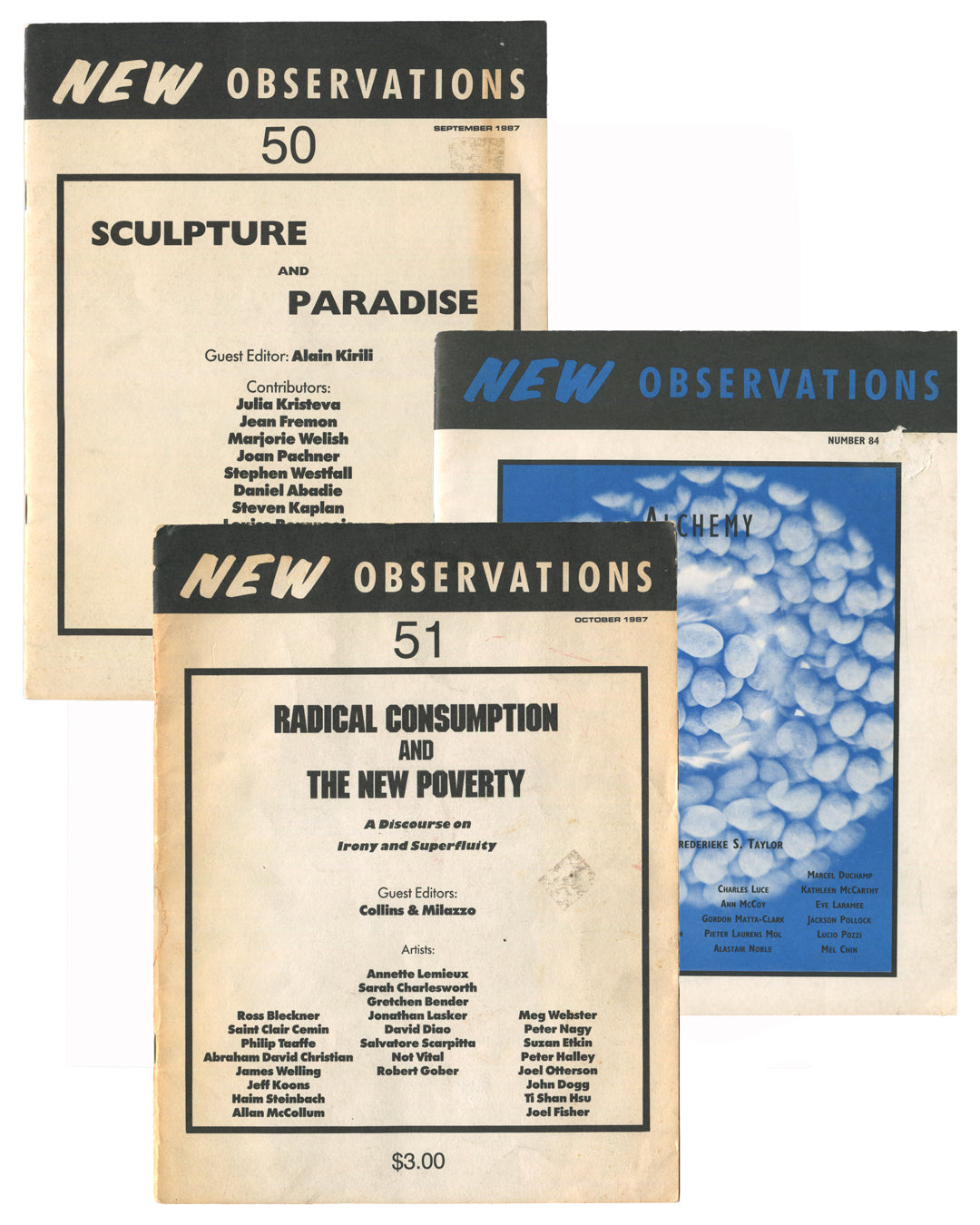 New Observations Nos. 50, 51, and 84 — group of three issues shown together. New York, 1987 and c. early 1990s. Offset printed magazines, approx. 27 × 21 cm each. Sold as a group.
