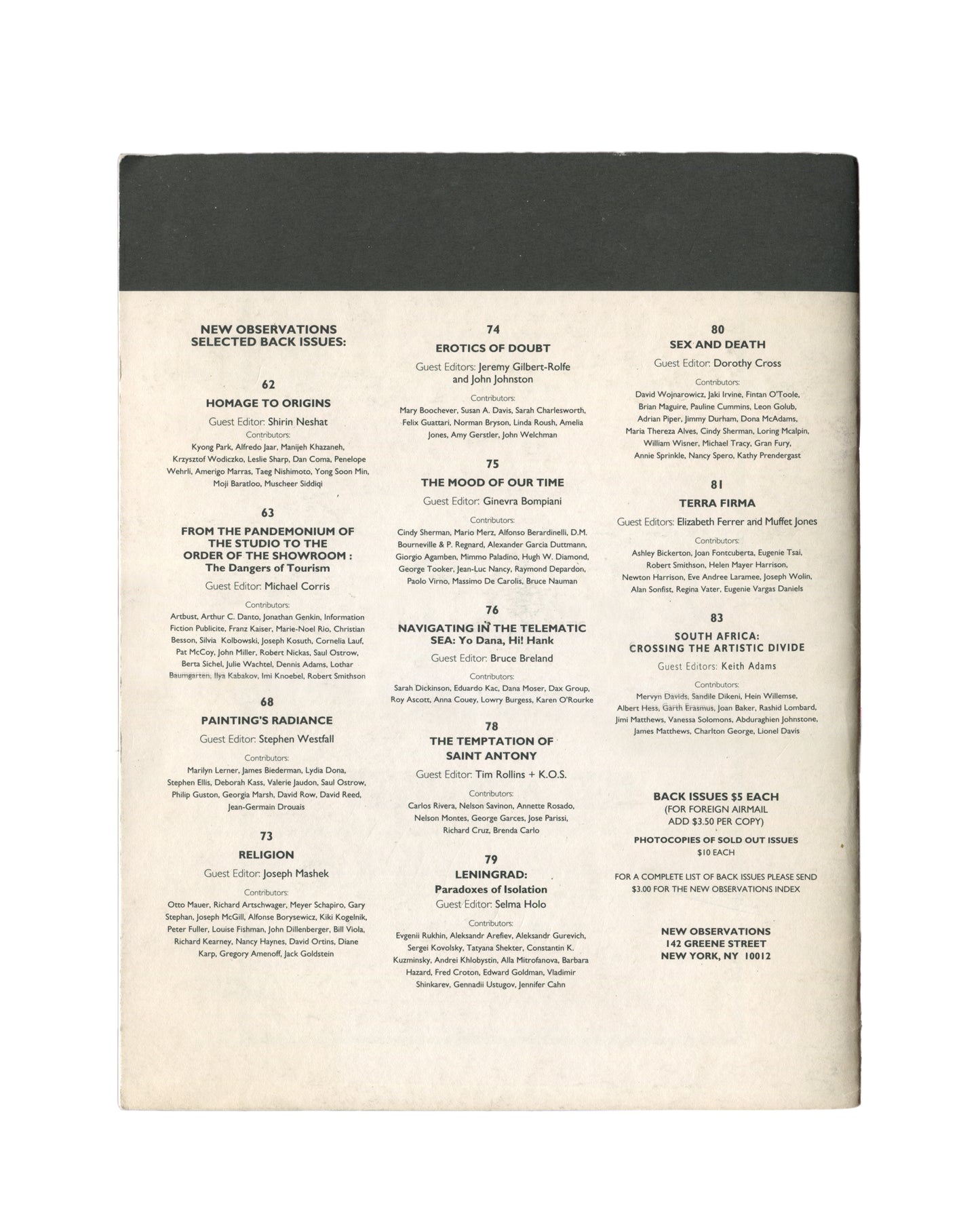 New Observations No. 51, October 1987 — back cover. Selected back issues list, Nos. 26–50, including Sculpture and Paradise (No. 50, Alain Kirili), Labyrinths/Paracriticism, and The Construction and Maintenance of Our Enemies. New Observations, 142 Greene Street, New York.