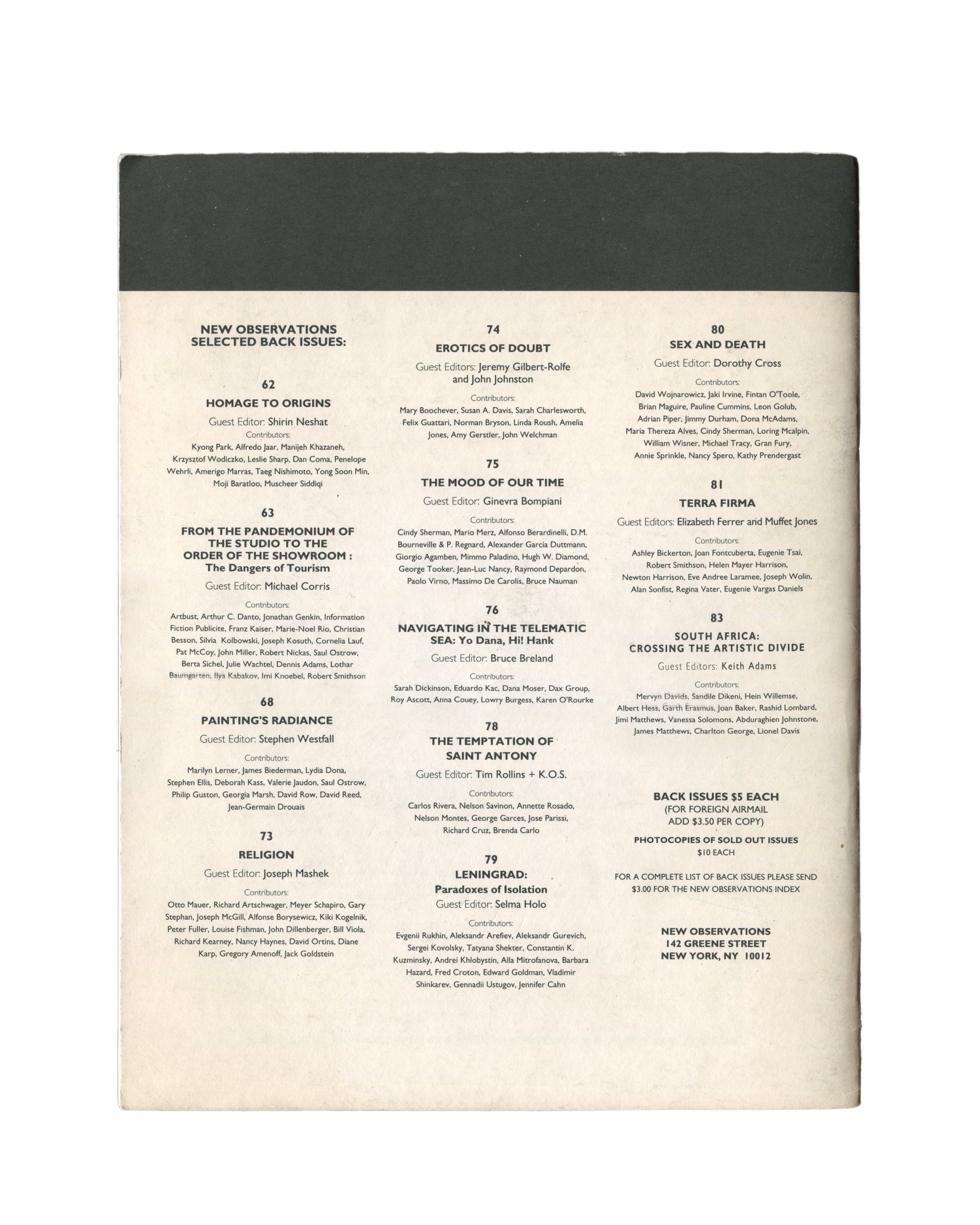 New Observations No. 51, October 1987 — back cover. Selected back issues list, Nos. 26–50, including Sculpture and Paradise (No. 50, Alain Kirili), Labyrinths/Paracriticism, and The Construction and Maintenance of Our Enemies. New Observations, 142 Greene Street, New York.