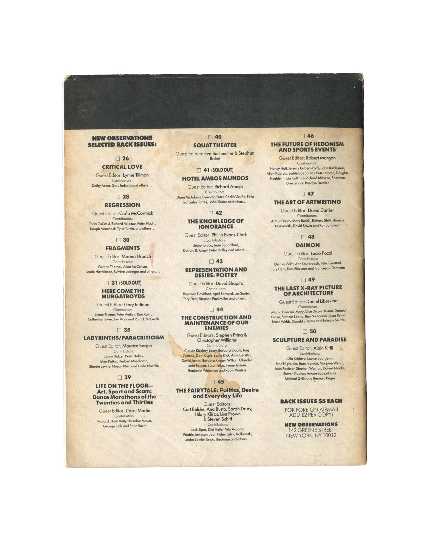 New Observations No. 84 — back cover. Selected back issues list, Nos. 62–83, including Homage to Origins (Shirin Neshat), Religion (Joseph Mashek), Painting's Radiance (Stephen Westfall), and South Africa: Crossing the Artistic Divide. New Observations, 142 Greene Street, New York.