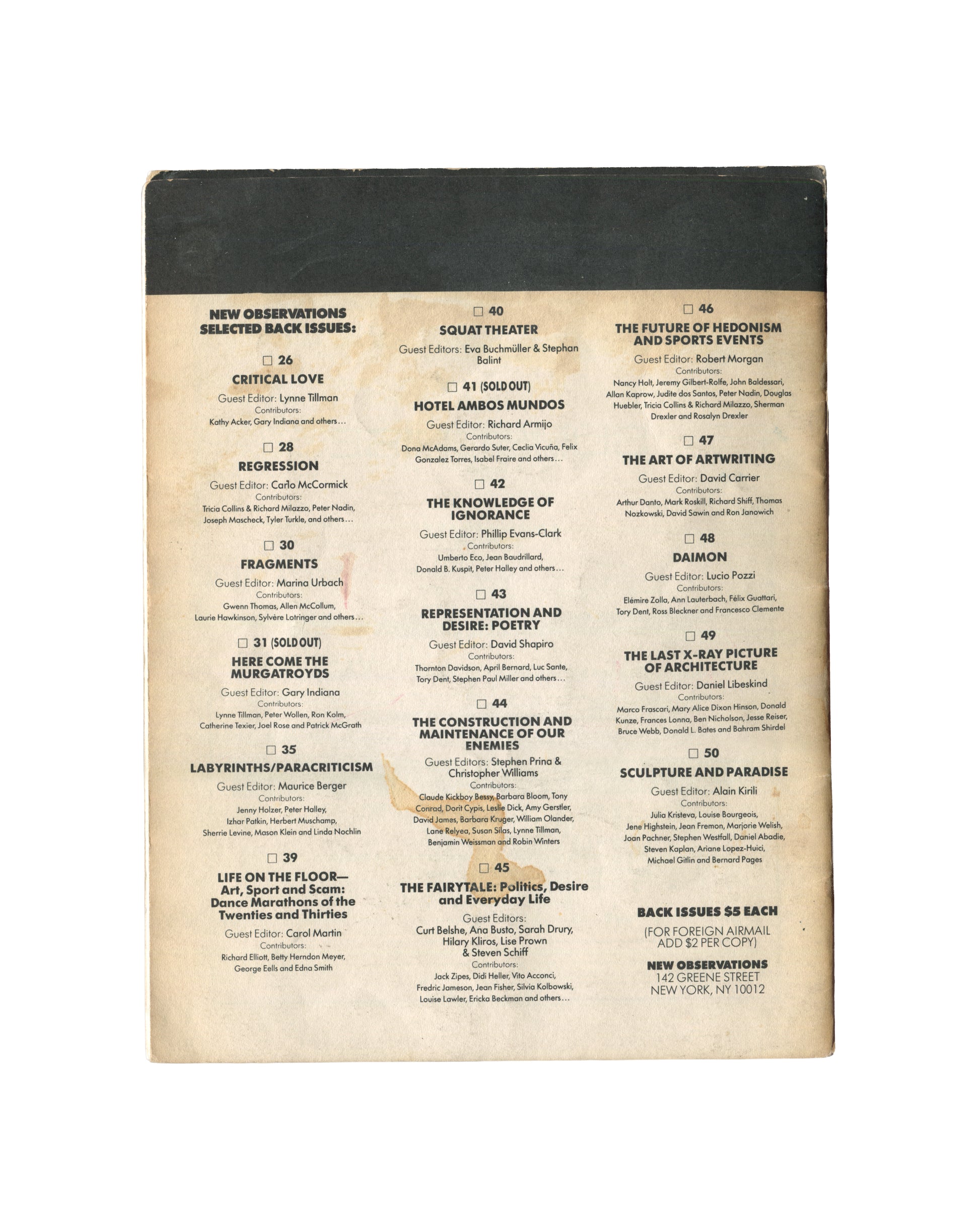 New Observations No. 84 — back cover. Selected back issues list, Nos. 62–83, including Homage to Origins (Shirin Neshat), Religion (Joseph Mashek), Painting's Radiance (Stephen Westfall), and South Africa: Crossing the Artistic Divide. New Observations, 142 Greene Street, New York.