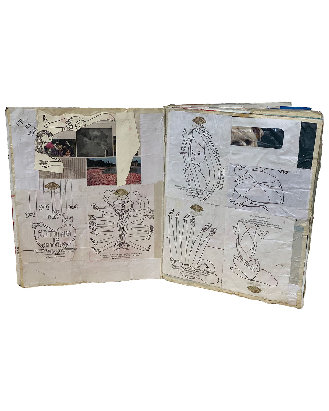 Unique artist book open to interior spread; left page shows ink drawings of conjoined figures, heart motif with 'Nothing Is Nothing' text, and collaged photographs; right page shows ink-drawn figures including a woman with 'Is Fleeing' text and a turtle-like form; fan stamps throughout; layered found paper and tape