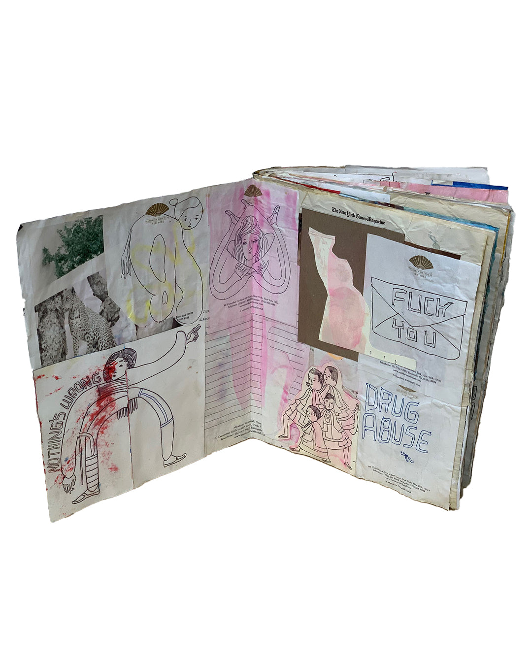 Three-quarter view showing book open to multiple spreads; visible pages include 'Nothing's Wrong' figure in red ink, pink-washed notebook page with female figure and children, and right-hand page with 'Fuck You' and 'Drug Abuse' stencilled text over New York Times Magazine cover dated 22 June 2008; heavily layered spine visible