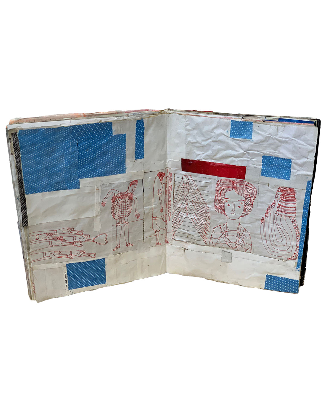 Interior spread; white pages patched with blue polka-dot paper fragments and blue tape blocks; red ink drawings of reclining figures, standing figures, a woman's portrait, and a coiled serpentine form; red tape strip at upper right; 'Nothing's Wrong' text visible in red at centre spine