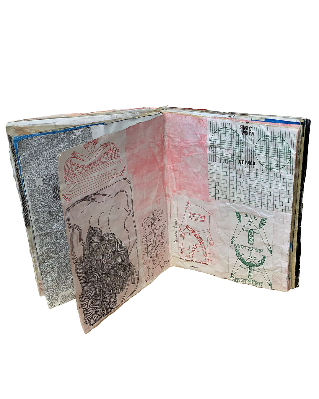 Interior spread; left page shows pink-washed ground with black ink drawings of reclining figure and tangled mass form; right page shows 'Sonic Youth Attack' grid circles, 'Whatever Whatever' figure, and cartoon ninja figure with 'Stansell Center / The World's Finest Bank' found text; silver patterned paper insert at left