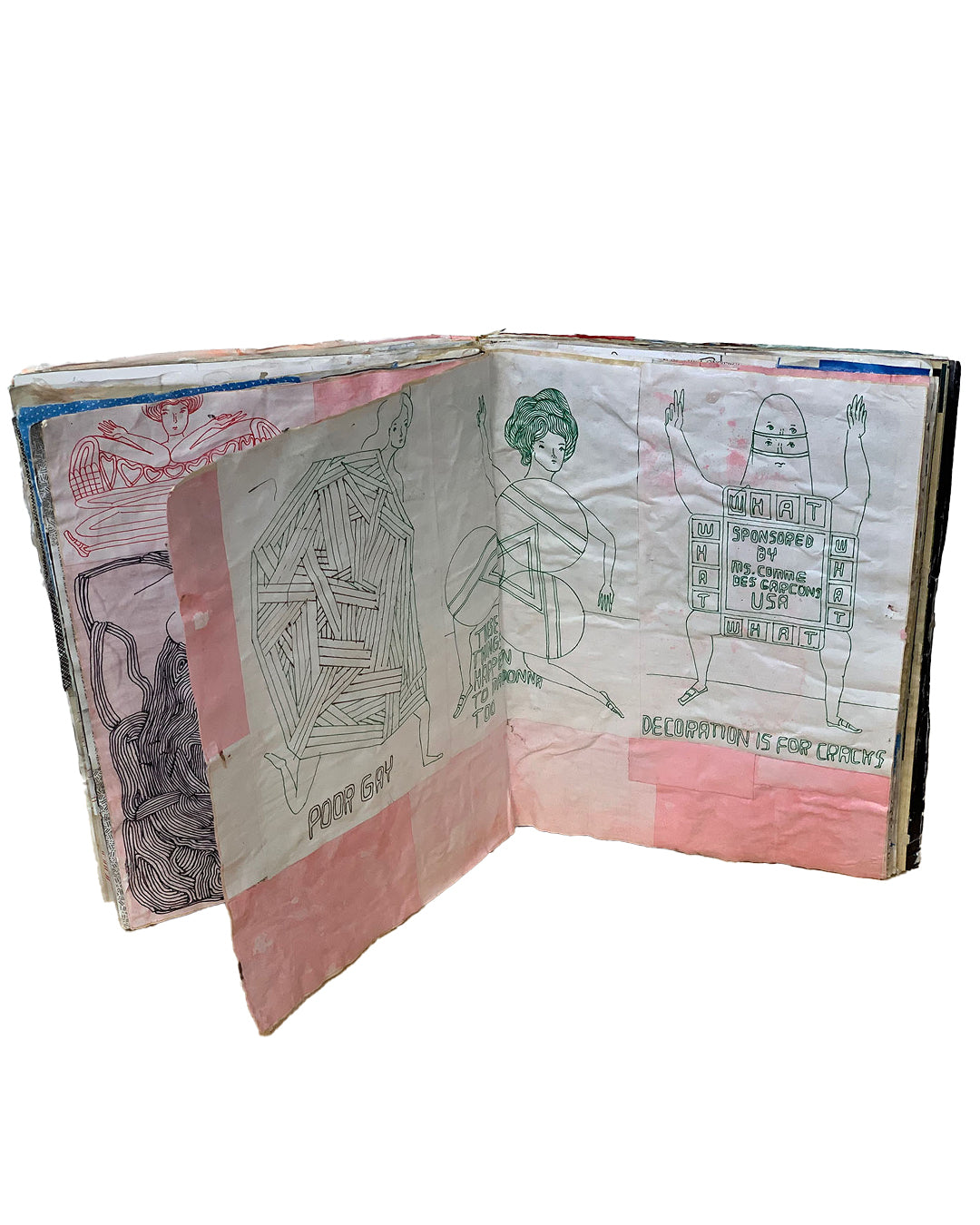 Interior spread; left page shows 'Poor Gay' caption beneath black ink figure encased in a lattice structure; centre page shows green ink dancing female figure; right page shows 'What / Sponsored by Rei Comme des Garçons USA' grid figure and 'Decoration Is for Cracks' text; pink wash throughout; multiple layered pages visible at spine
