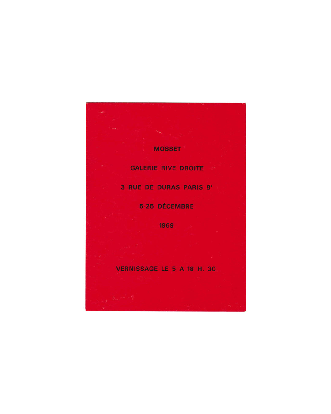 Olivier Mosset Red exhibition invitation with black text on a white background