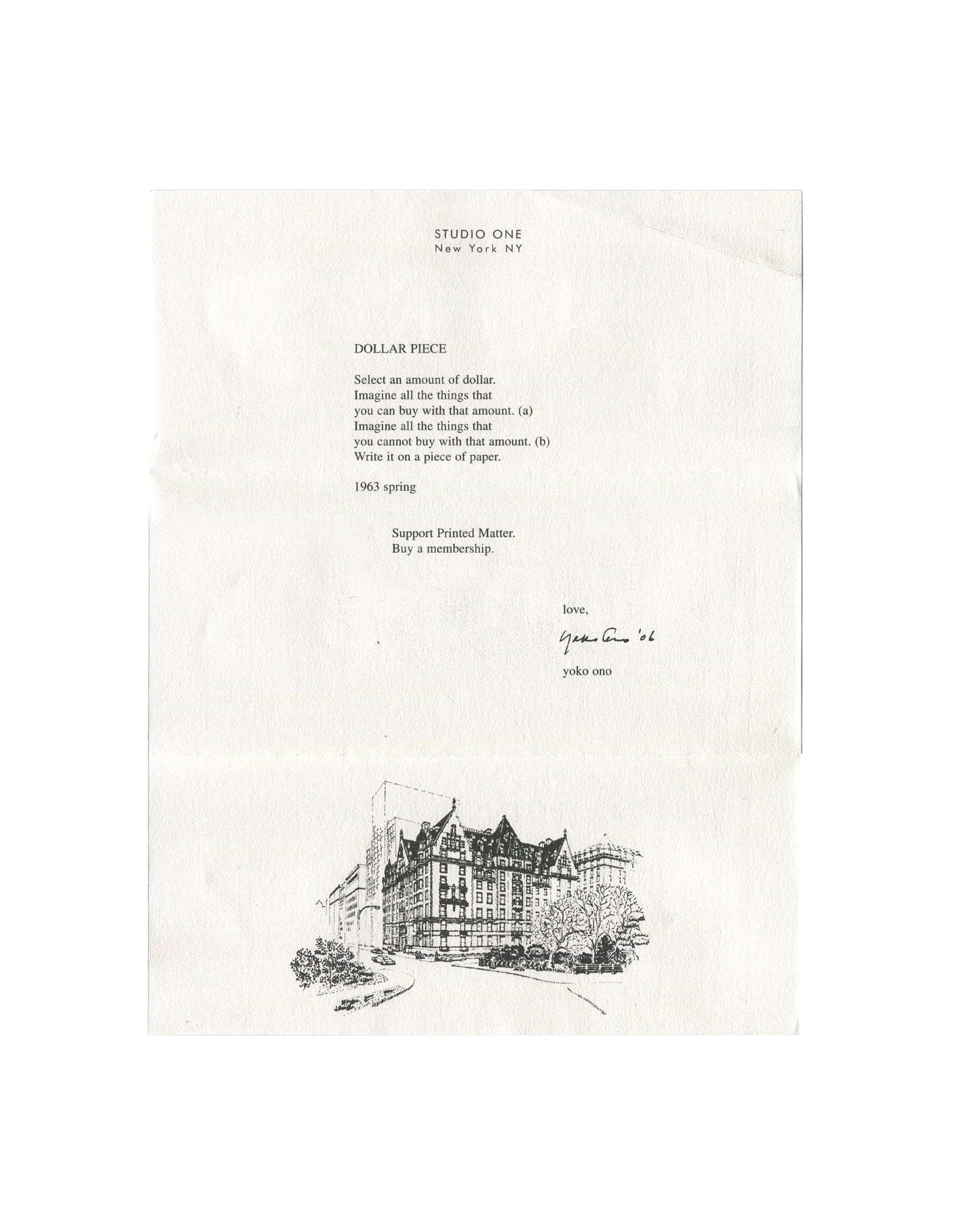Yoko Ono *Dollar Piece* Printed Matter membership sheet from 2006 featuring a conceptual instruction text, reproduced signature, Studio One letterhead, and an illustration of the Dakota building at the bottom.