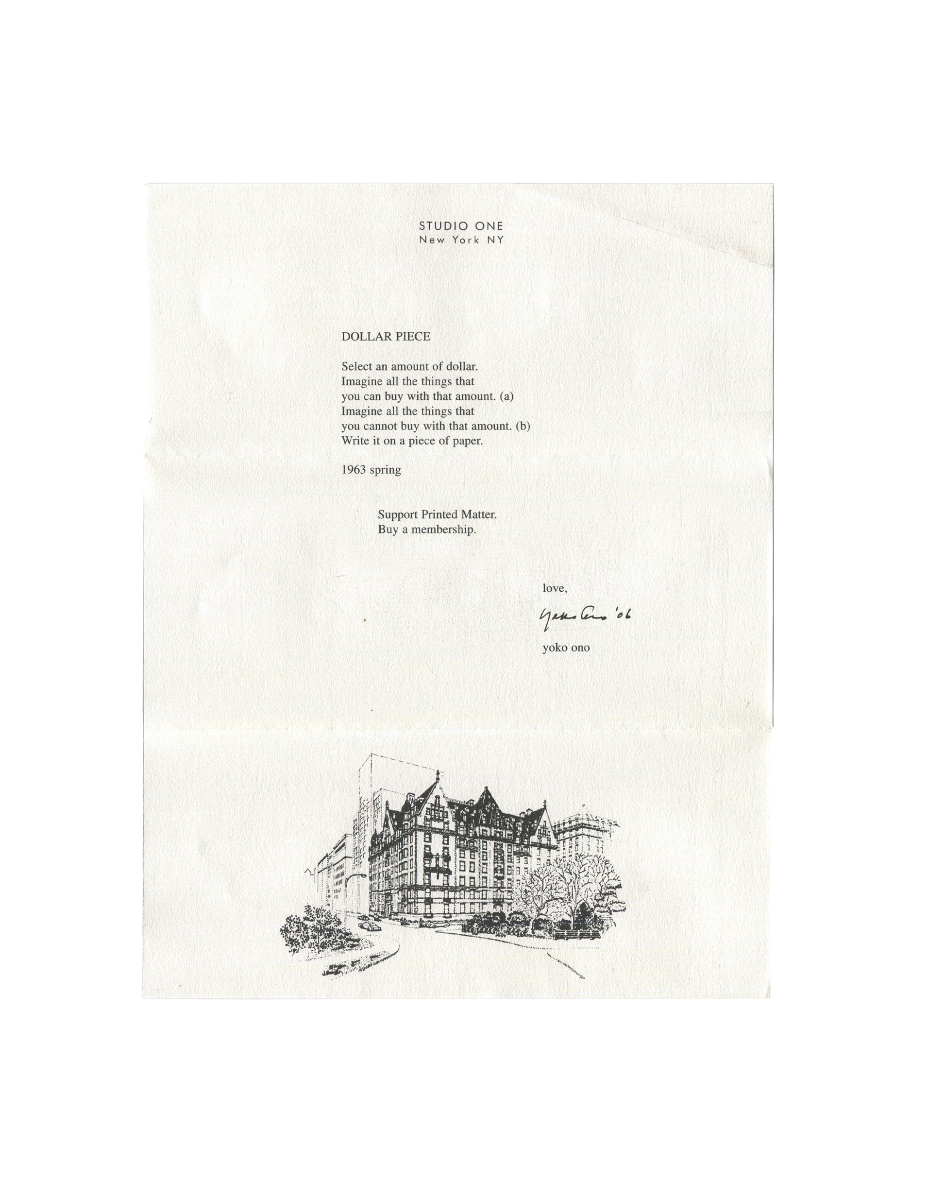Yoko Ono *Dollar Piece* Printed Matter membership sheet from 2006 featuring a conceptual instruction text, reproduced signature, Studio One letterhead, and an illustration of the Dakota building at the bottom.