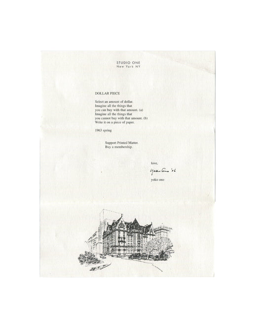 Yoko Ono *Dollar Piece* Printed Matter membership sheet from 2006 featuring a conceptual instruction text, reproduced signature, Studio One letterhead, and an illustration of the Dakota building at the bottom.