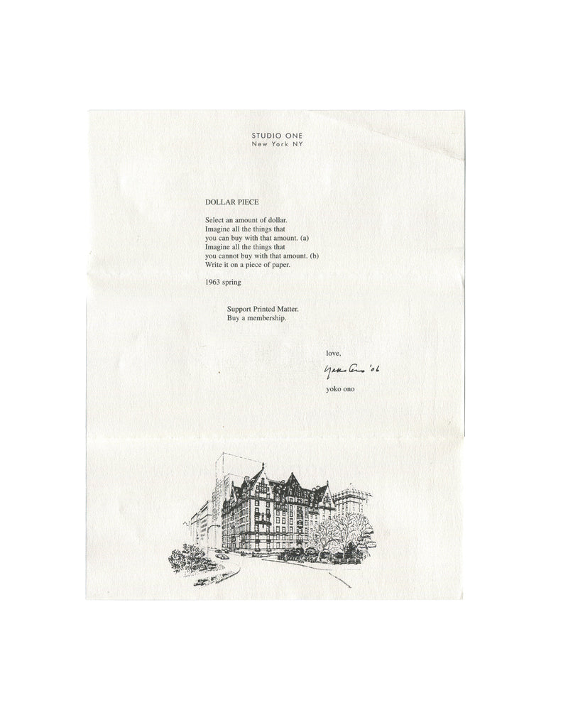 Yoko Ono *Dollar Piece* Printed Matter membership sheet from 2006 featuring a conceptual instruction text, reproduced signature, Studio One letterhead, and an illustration of the Dakota building at the bottom.
