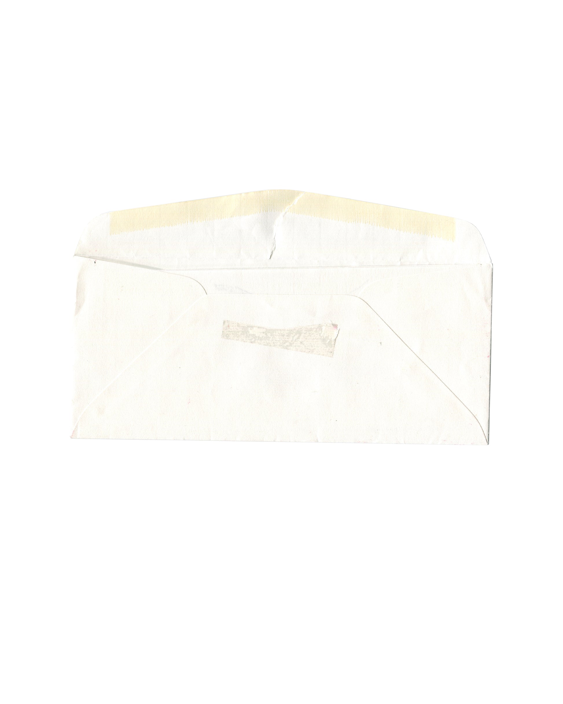 Reverse of Yoko Ono Studio One envelope opened to show interior flap, adhesive residue, creases, and signs of use