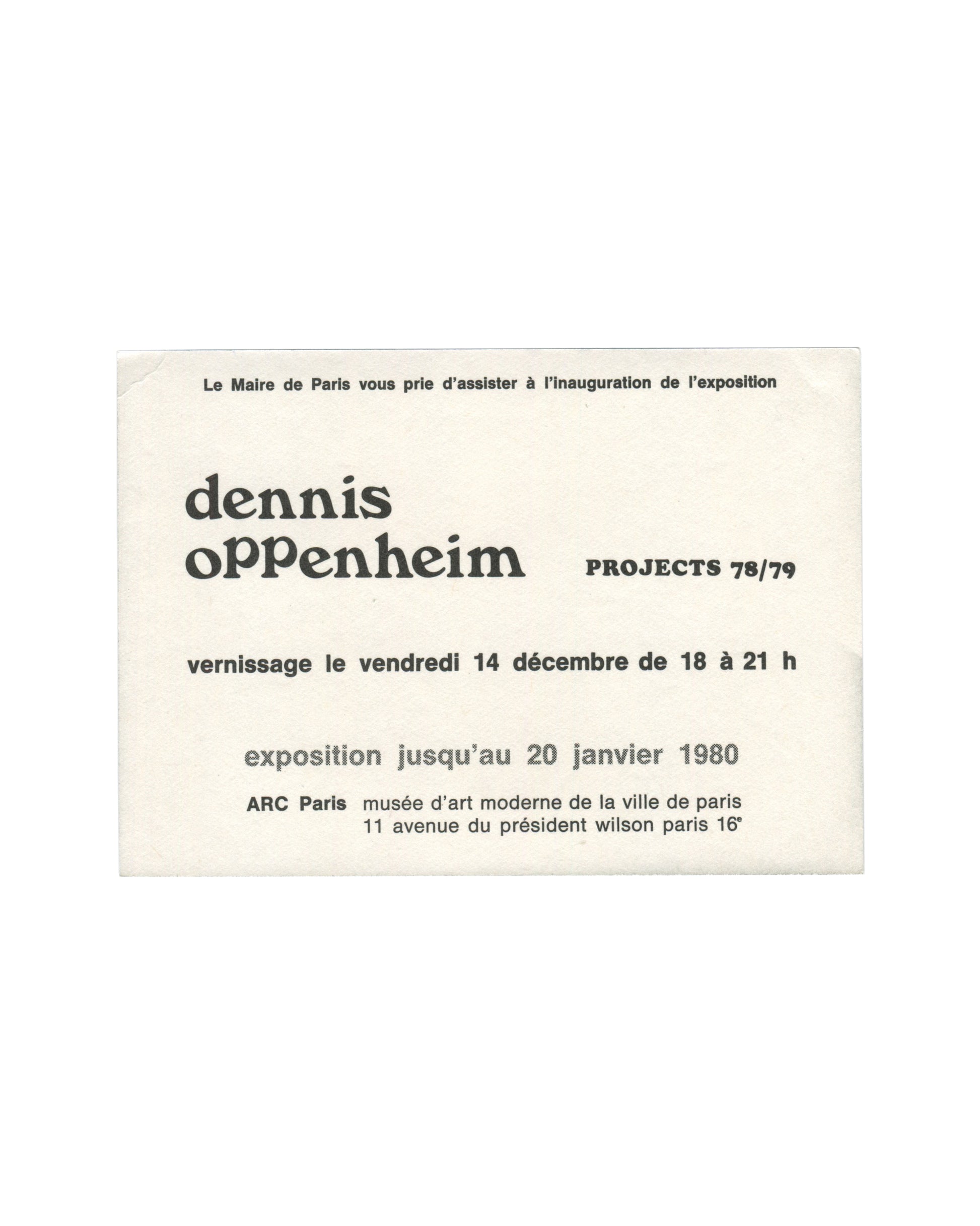 Reverse of 1979 Dennis Oppenheim Projects 78/79 invitation card showing a black-and-white photograph of an installation view — a large-scale sculptural structure with angled metal supports, flat platform surfaces, and dramatic directional light casting sharp shadows across the interior space, consistent with Oppenheim's late 1970s architectural and machine-based sculptural environments.