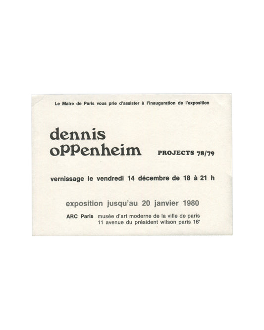 Reverse of 1979 Dennis Oppenheim Projects 78/79 invitation card showing a black-and-white photograph of an installation view — a large-scale sculptural structure with angled metal supports, flat platform surfaces, and dramatic directional light casting sharp shadows across the interior space, consistent with Oppenheim's late 1970s architectural and machine-based sculptural environments.