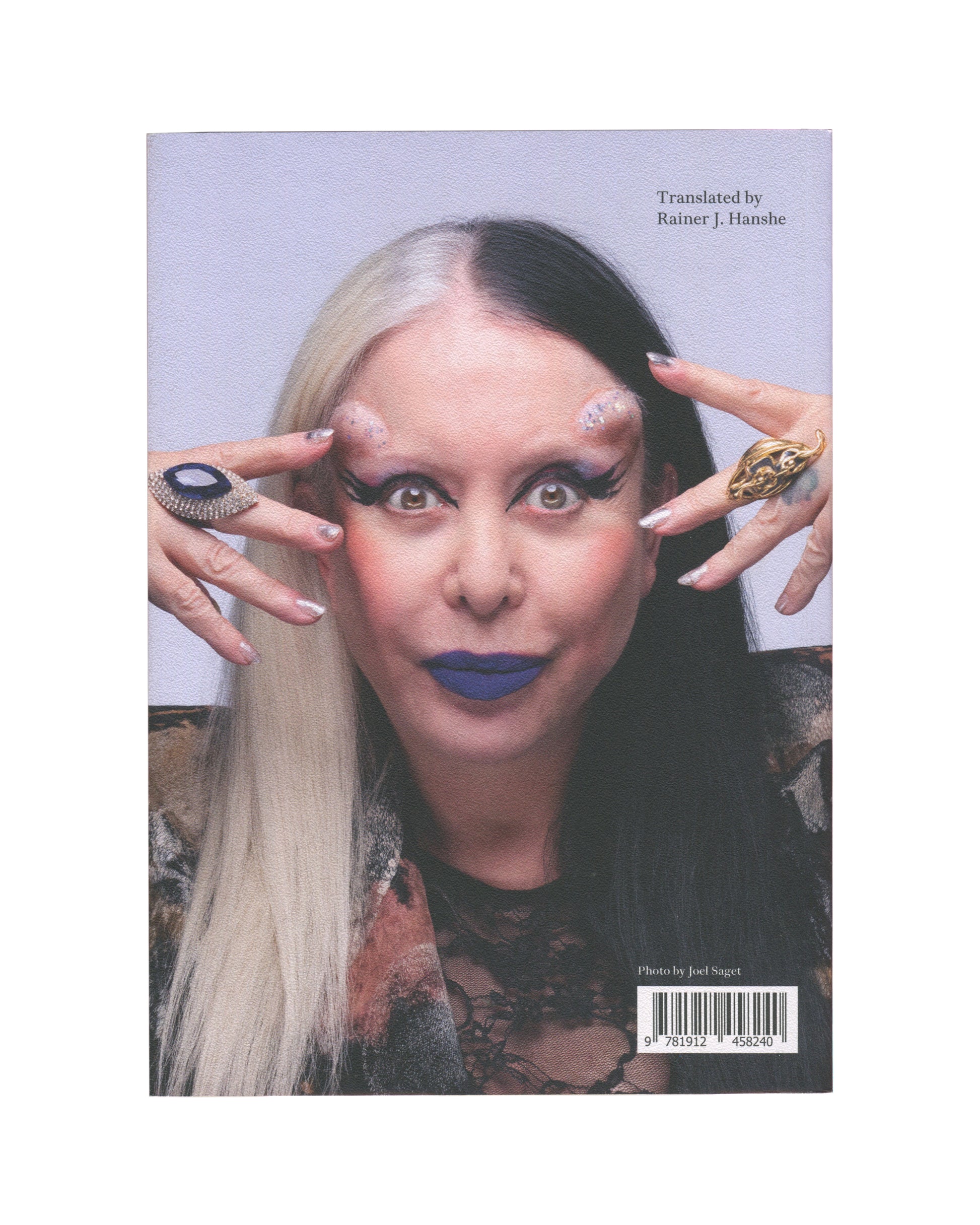 ORLAN, Strip-Tease: All About My Life All About My Art, The Everyday Press, 2024, back cover portrait by Joel Saget, blue lipstick, forehead implants visible