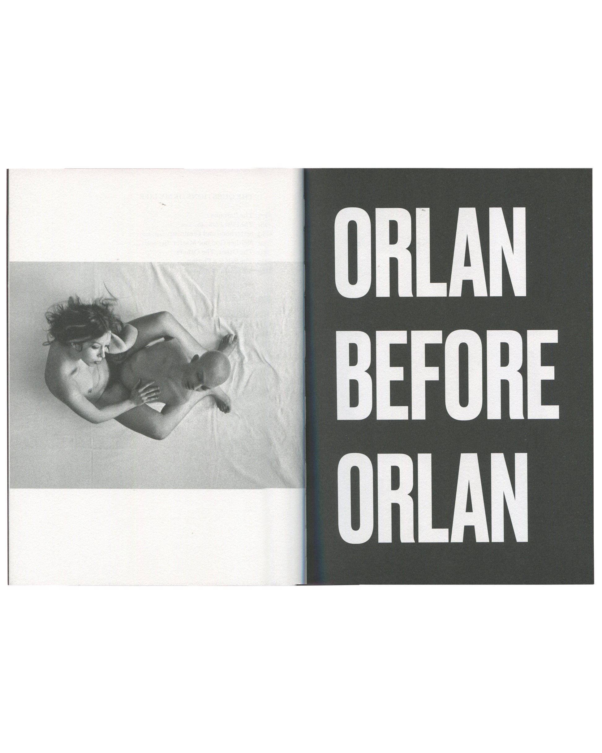 ORLAN, Strip-Tease, 2024, interior spread, black-and-white nude figure on bed, chapter title "ORLAN BEFORE ORLAN" in white on dark ground