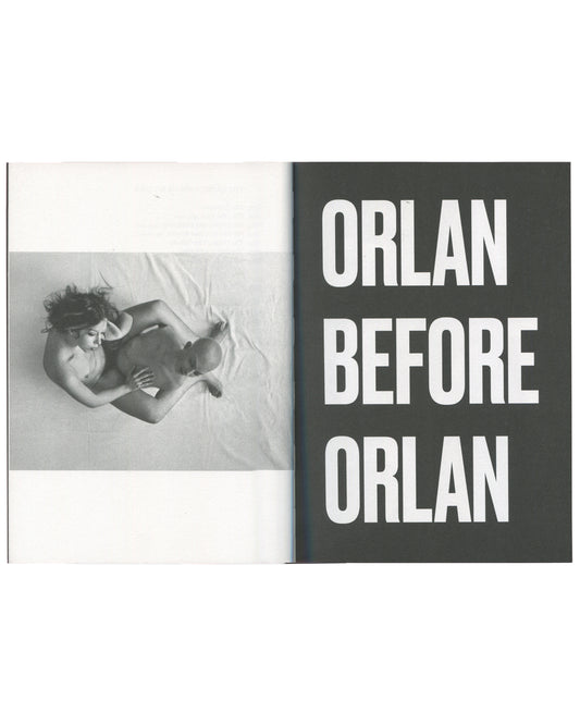 ORLAN, Strip-Tease, 2024, interior spread, black-and-white nude figure on bed, chapter title "ORLAN BEFORE ORLAN" in white on dark ground