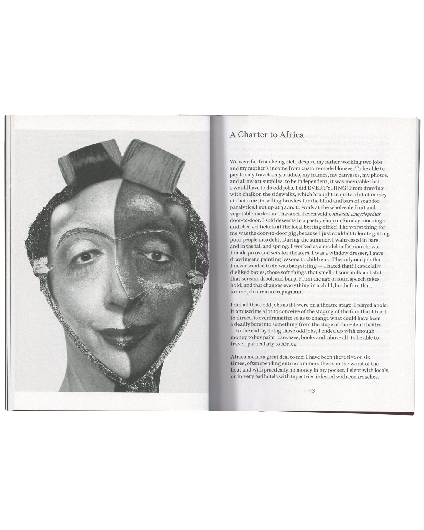 ORLAN, Strip-Tease, 2024, interior spread p.43, collaged self-portrait with text chapter "A Charter to Africa"