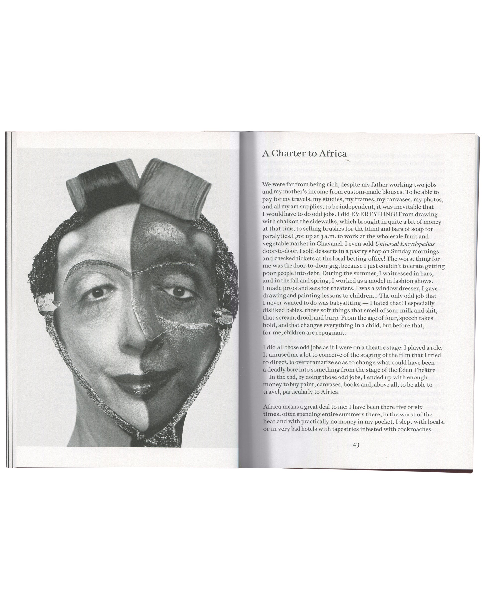 ORLAN, Strip-Tease, 2024, interior spread p.43, collaged self-portrait with text chapter "A Charter to Africa"
