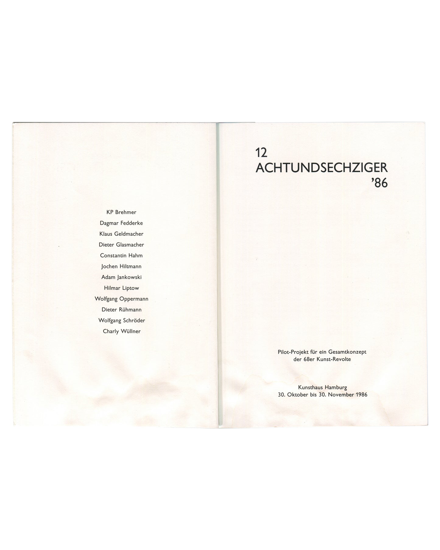 12 Achtundsechziger '86, title spread listing all twelve artists, Kunsthaus Hamburg 30 Oct–30 Nov 1986 