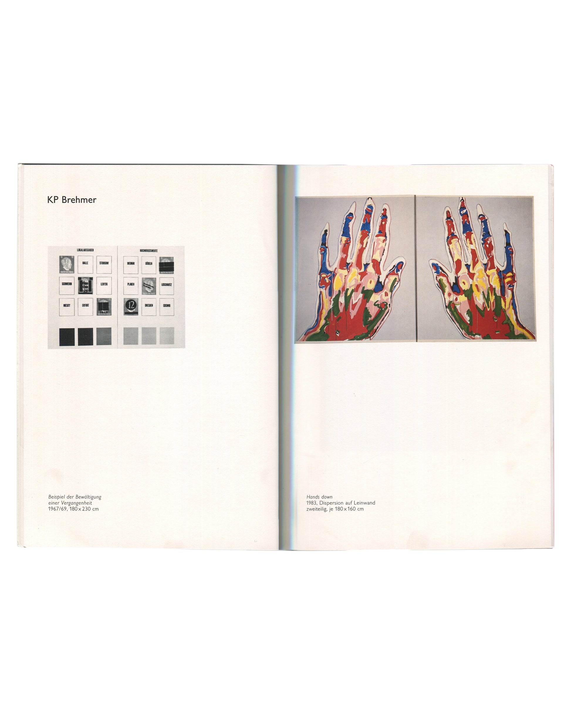 12 Achtundsechziger '86, KP Brehmer spread, colour diagram grid and Hands Down diptych 1983, dispersion on canvas 