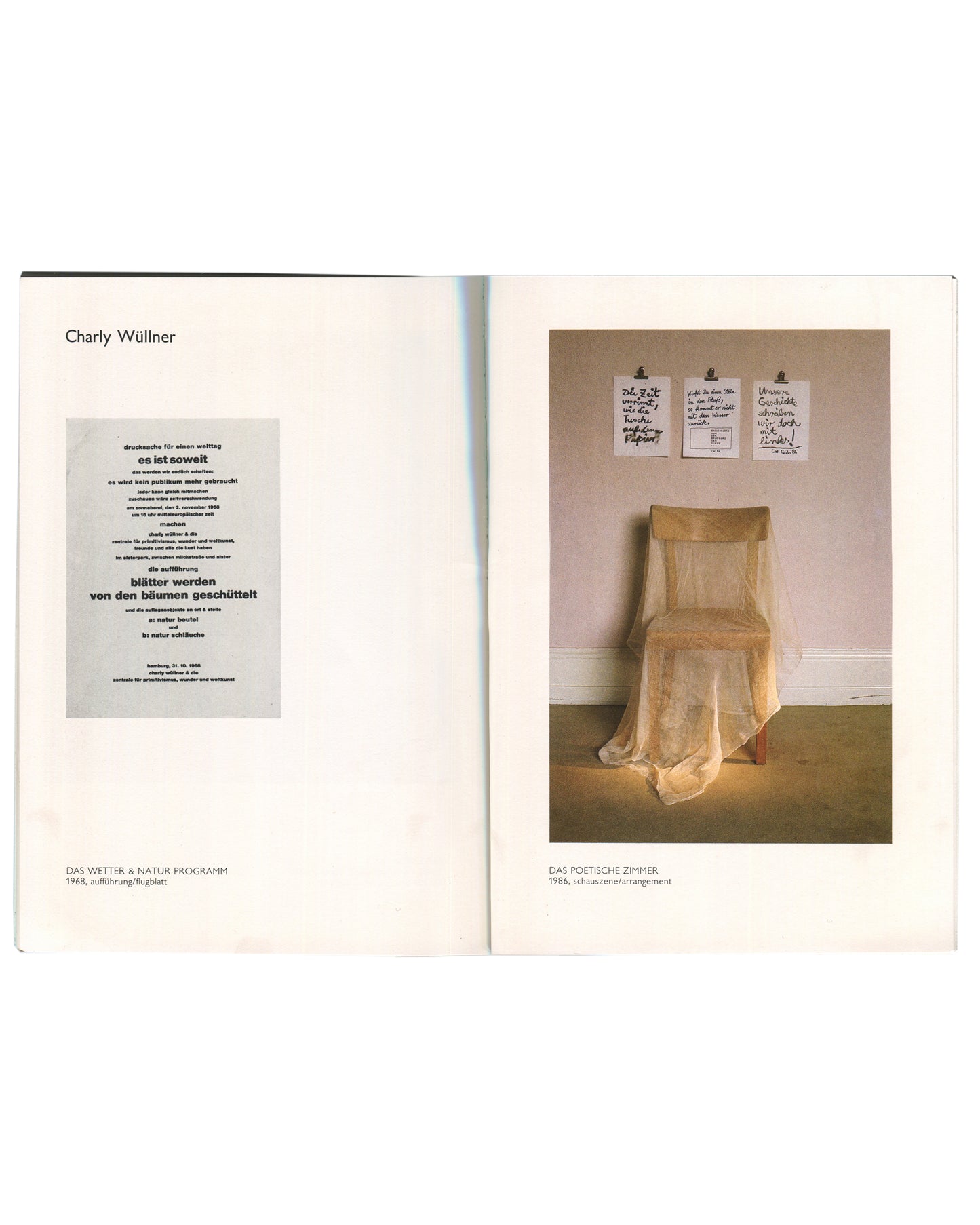 12 Achtundsechziger '86, Charly Wüllner spread, performance flyer 1968 and Das Poetische Zimmer installation 1986 