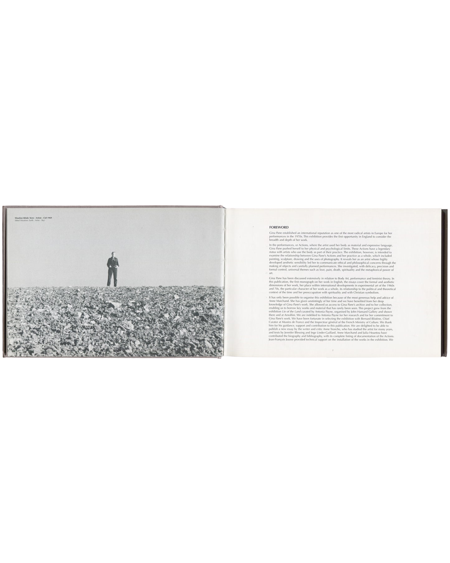 Gina Pane, 2002, interior spread, b&w photograph figure in field, Foreword text by Caroline Collier, landscape format