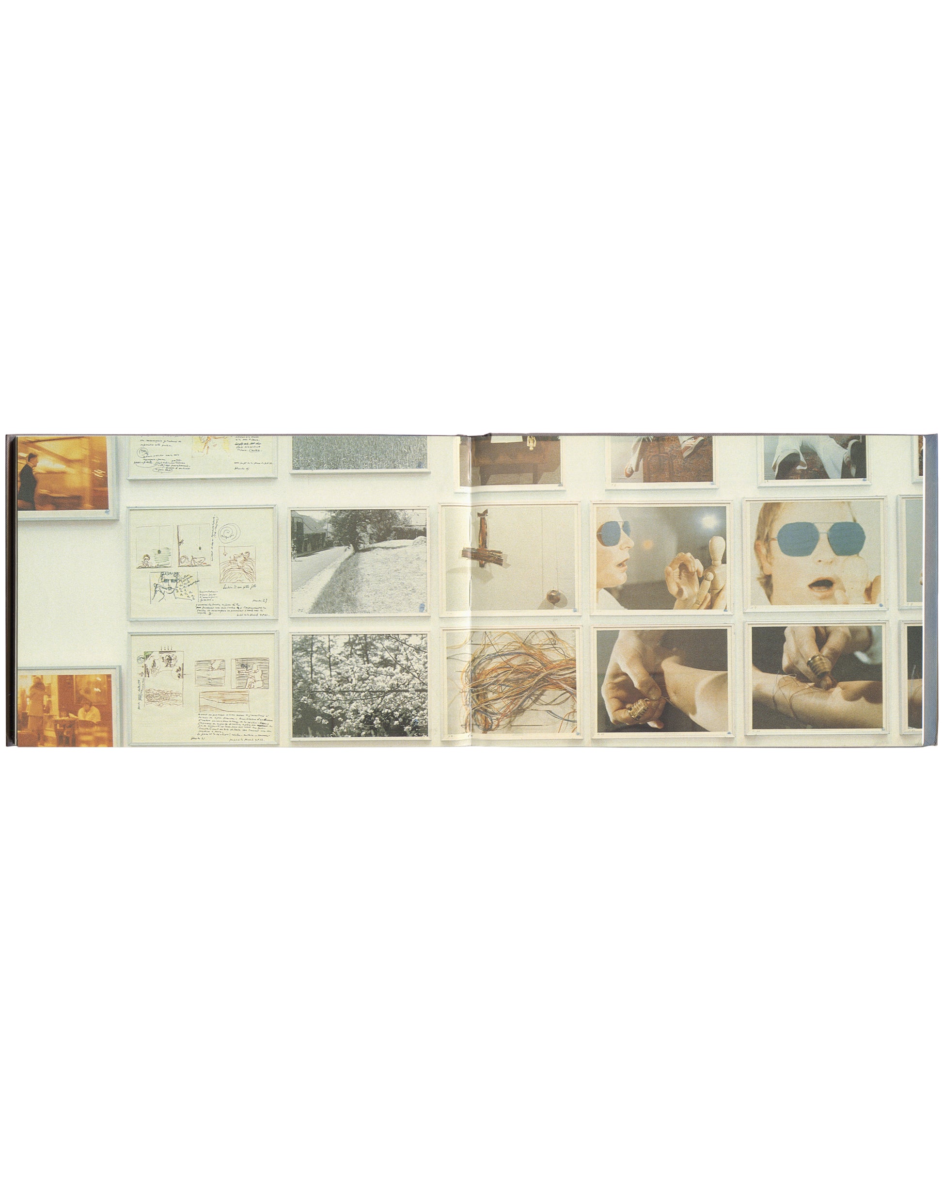 Gina Pane, 2002, interior spread, grid of colour and b&w photographs and handwritten documents, Actions and studio works