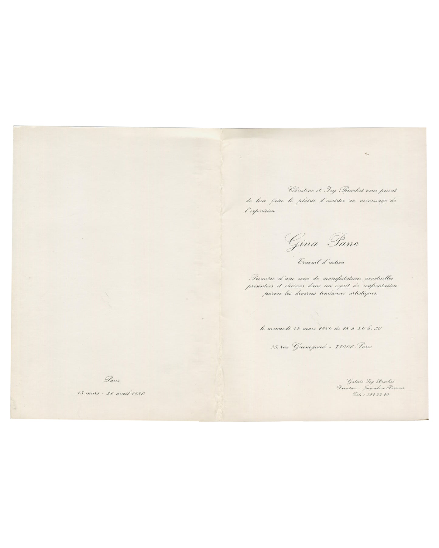 GINA PANE — Travail d'action — Exhibition Invitation, Galerie Guy Brachot, Paris, 1980