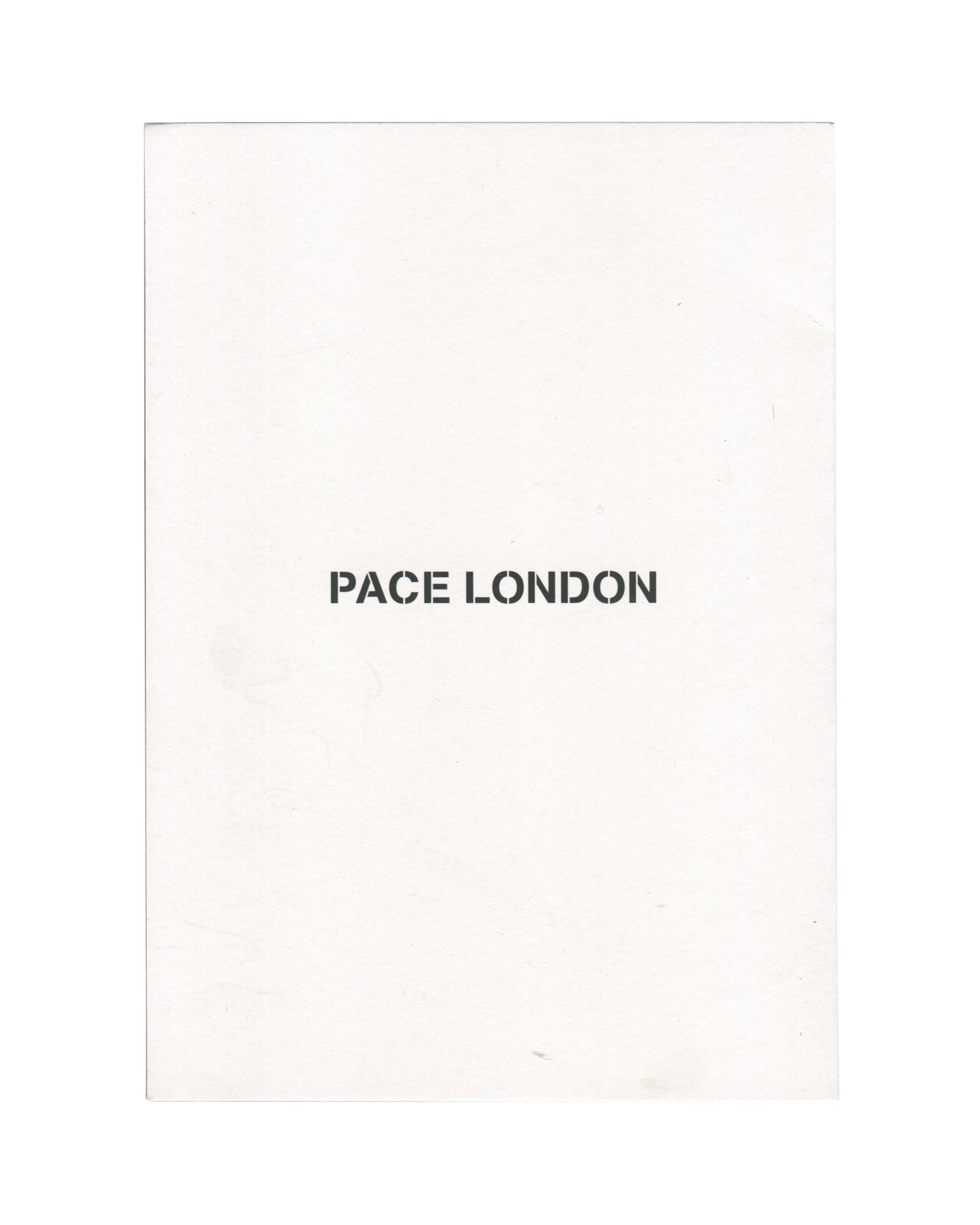 Reverse of 2015 Pace London exhibition invitation for Adam Pendleton, New Work, dark grey card with white sans-serif text: at upper left Pace congratulates Adam Pendleton / on his participation in the Belgian Pavilion / at the Venice Biennale in small type; at right Adam Pendleton / New Work in large bold white type; below 16 April – 23 May 2015 / PRIVATE VIEW / Wednesday 15 April 2015, 6–8 pm / First Floor, 6 Burlington Gardens / London, W1S 3ET / rsvplondon@pacegallery.com / +44 (0)20 3206 7600 / pacegall
